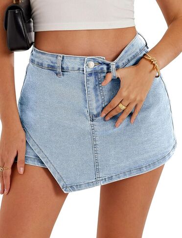 Jean Skorts for Woman High Waisted Women Denim Asymmetrical Skort Cute Y2K Jean Shorts Trendy Front Skirt Back Shorts in Kuwait