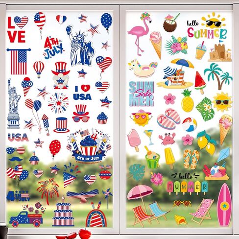 Summer 4th of July Window Clings Patriotic Independence Day Decorations Hawaii Memorial Day Double-Side Window Stickers Hello Summer Decor for 250th Anniversary Home Office Classroom Party Supplie in Saudi Arabia