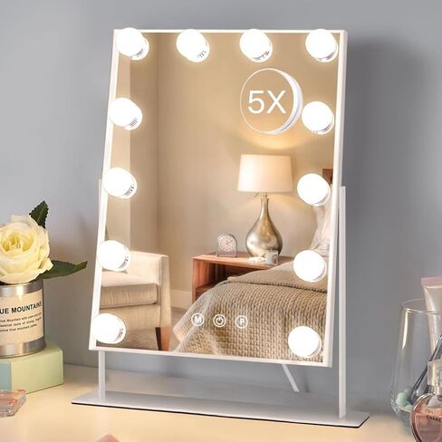 HIEEY Hollywood Vanity Mirror with 12 Dimmable Bulbs Lights, Three Color Lighting Modes, and 5X Magnification, Smart Touch Control, 360°Rotation (White,Gift Box) in Saudi Arabia