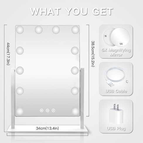 HIEEY Hollywood Vanity Mirror with 12 Dimmable Bulbs Lights, Three Color Lighting Modes, and 5X Magnification, Smart Touch Control, 360°Rotation (White,Gift Box) in Saudi Arabia