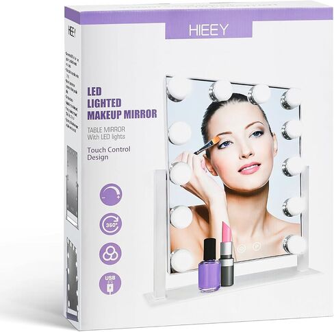 HIEEY Hollywood Vanity Mirror with 12 Dimmable Bulbs Lights, Three Color Lighting Modes, and 5X Magnification, Smart Touch Control, 360°Rotation (White,Gift Box) in Saudi Arabia