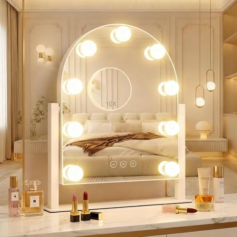 Arched Makeup Vanity Mirror with LED Lights Makeup Mirror Detachable 10X Magnification, Hollywood Make Up Mirror with Lighting, Smart Touch, Rechargeable,360° Rotation,White 14.17"x 11.81" in Saudi Arabia