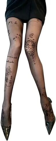Women Sexy Tights with Patterned Tattoos Pantyhose Inscriptions Flower Letter Ladies Thin Long Black Stockings in Saudi Arabia