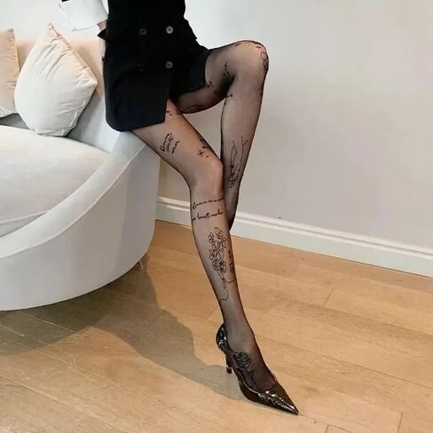 Women Sexy Tights with Patterned Tattoos Pantyhose Inscriptions Flower Letter Ladies Thin Long Black Stockings in Saudi Arabia