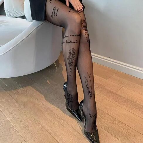 Women Sexy Tights with Patterned Tattoos Pantyhose Inscriptions Flower Letter Ladies Thin Long Black Stockings in Saudi Arabia