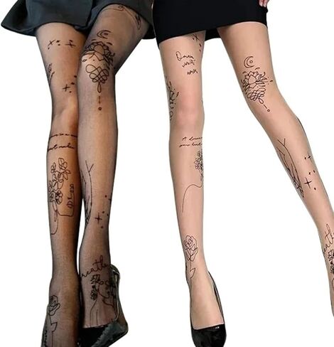 Women Sexy Tights with Patterned Tattoos Pantyhose Inscriptions Flower Letter Ladies Thin Long Black Stockings in Saudi Arabia