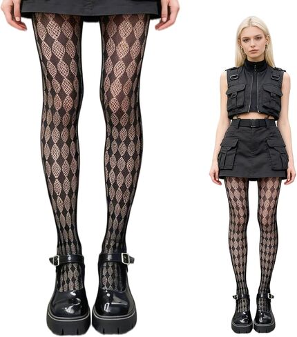 Funky Black Argyle Patterned Fishnet Tights for Women - Fancy High Waist Stretch Plaid Pantyhose, Goth Sheer Mesh Stockings for Parties, Dates & Daily Styling in Saudi Arabia
