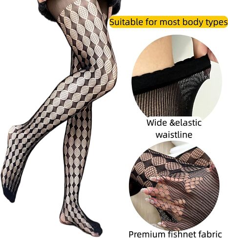 Funky Black Argyle Patterned Fishnet Tights for Women - Fancy High Waist Stretch Plaid Pantyhose, Goth Sheer Mesh Stockings for Parties, Dates & Daily Styling in Saudi Arabia