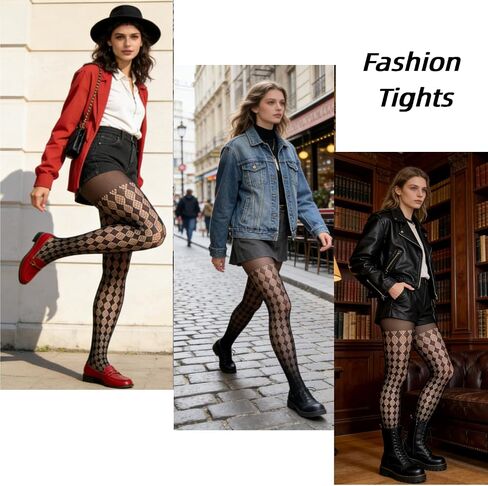 Funky Black Argyle Patterned Fishnet Tights for Women - Fancy High Waist Stretch Plaid Pantyhose, Goth Sheer Mesh Stockings for Parties, Dates & Daily Styling in Saudi Arabia