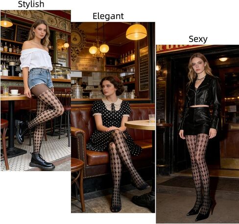 Funky Black Argyle Patterned Fishnet Tights for Women - Fancy High Waist Stretch Plaid Pantyhose, Goth Sheer Mesh Stockings for Parties, Dates & Daily Styling in Saudi Arabia