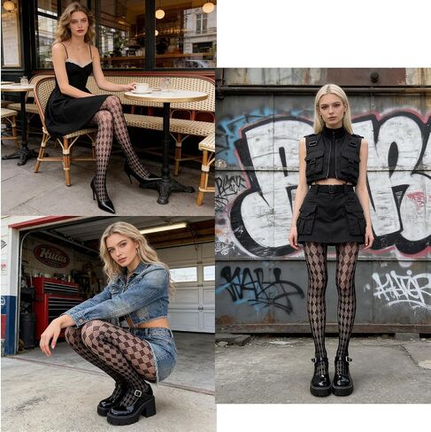 Funky Black Argyle Patterned Fishnet Tights for Women - Fancy High Waist Stretch Plaid Pantyhose, Goth Sheer Mesh Stockings for Parties, Dates & Daily Styling in Saudi Arabia