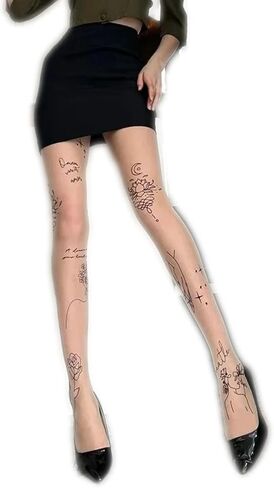 Women Sexy Tights with Patterned Tattoos Pantyhose Inscriptions Flower Letter Ladies Thin Long Black Stockings in Saudi Arabia
