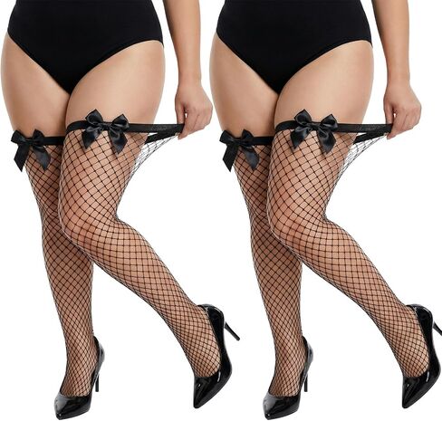 جوارب شبكية مقاس كبير، جوارب شبكية أنيقة عالية الفخذ، جوارب شبكية سوداء مقاس كبير مع فيونكة لطيفة للنساء المتعرجات والحفلات التنكرية اليومية لشهر العسل in Kuwait