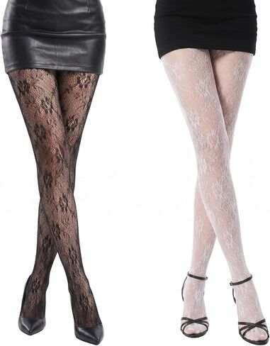 cobee 2 Pairs Lace Pantyhose, Lace Tights for Women Floral Fishnet Stockings Patterned Pantyhose High Waist Sheer Tights for Party Wear in Kuwait