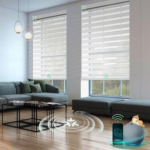 Yoolax Motorized Matter Zebra Blinds Compatible with Alexa, Google Home, Apple HomeKit, Blackout Smart Blinds, Privacy Light Control Horizontal Window Blind for Home (100% Blackout Striped Ivory) in Saudi Arabia