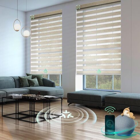 Yoolax Motorized Matter Zebra Blinds Compatible with Alexa, Google Home, Apple HomeKit, Blackout Smart Blinds, Privacy Light Control Horizontal Window Blind for Home (100% Blackout Striped Ivory) in Saudi Arabia