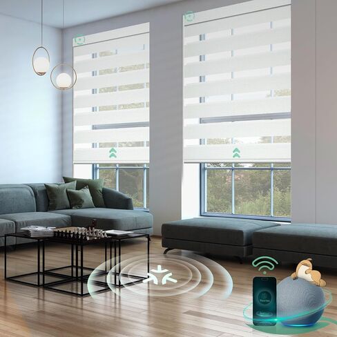 Yoolax Motorized Matter Zebra Blinds Compatible with Alexa, Google Home, Apple HomeKit, Blackout Smart Blinds, Privacy Light Control Horizontal Window Blind for Home (100% Blackout Striped Ivory) in Saudi Arabia