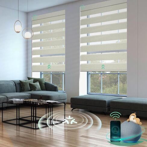 Yoolax Motorized Matter Zebra Blinds Compatible with Alexa, Google Home, Apple HomeKit, Blackout Smart Blinds, Privacy Light Control Horizontal Window Blind for Home (100% Blackout Striped Ivory) in Saudi Arabia