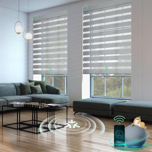 Yoolax Motorized Matter Zebra Blinds Compatible with Alexa, Google Home, Apple HomeKit, Blackout Smart Blinds, Privacy Light Control Horizontal Window Blind for Home (100% Blackout Striped Ivory) in Saudi Arabia