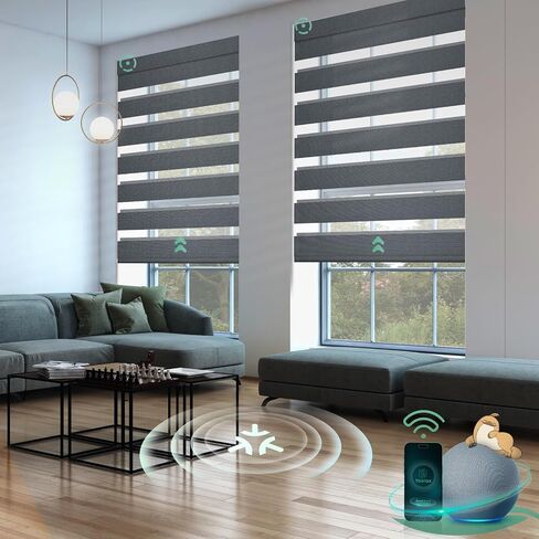 Yoolax Motorized Matter Zebra Blinds Compatible with Alexa, Google Home, Apple HomeKit, Blackout Smart Blinds, Privacy Light Control Horizontal Window Blind for Home (100% Blackout Striped Ivory) in Saudi Arabia