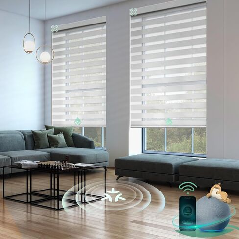 Yoolax Motorized Matter Zebra Blinds Compatible with Alexa, Google Home, Apple HomeKit, Blackout Smart Blinds, Privacy Light Control Horizontal Window Blind for Home (100% Blackout Striped Ivory) in Saudi Arabia