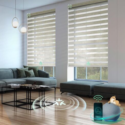 Yoolax Motorized Matter Zebra Blinds Compatible with Alexa, Google Home, Apple HomeKit, Blackout Smart Blinds, Privacy Light Control Horizontal Window Blind for Home (100% Blackout Striped Ivory) in Saudi Arabia