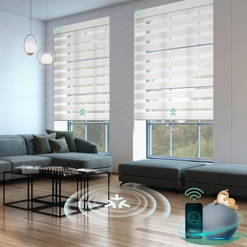 Yoolax Motorized Matter Zebra Blinds Compatible with Alexa, Google Home, Apple HomeKit, Blackout Smart Blinds, Privacy Light Control Horizontal Window Blind for Home (100% Blackout Striped Ivory) in Saudi Arabia