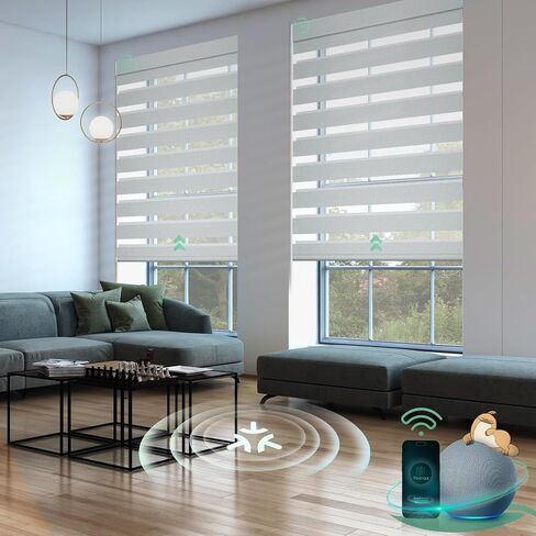 Yoolax Motorized Matter Zebra Blinds Compatible with Alexa, Google Home, Apple HomeKit, Blackout Smart Blinds, Privacy Light Control Horizontal Window Blind for Home (100% Blackout Striped Ivory) in Saudi Arabia