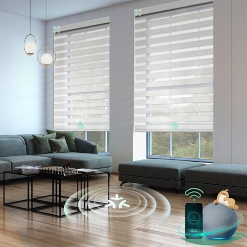 Yoolax Motorized Matter Zebra Blinds Compatible with Alexa, Google Home, Apple HomeKit, Blackout Smart Blinds, Privacy Light Control Horizontal Window Blind for Home (100% Blackout Striped Ivory) in Saudi Arabia