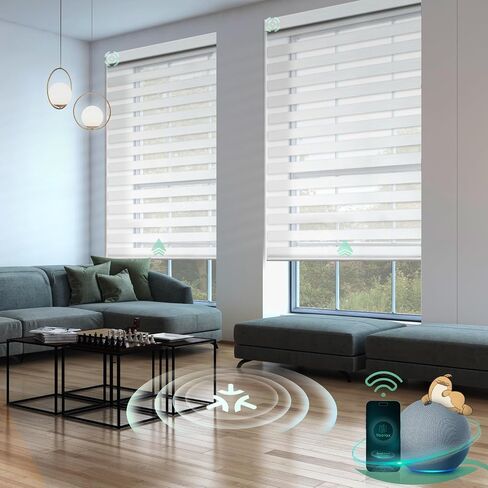 Yoolax Motorized Matter Zebra Blinds Compatible with Alexa, Google Home, Apple HomeKit, Blackout Smart Blinds, Privacy Light Control Horizontal Window Blind for Home (100% Blackout Striped Ivory) in Saudi Arabia