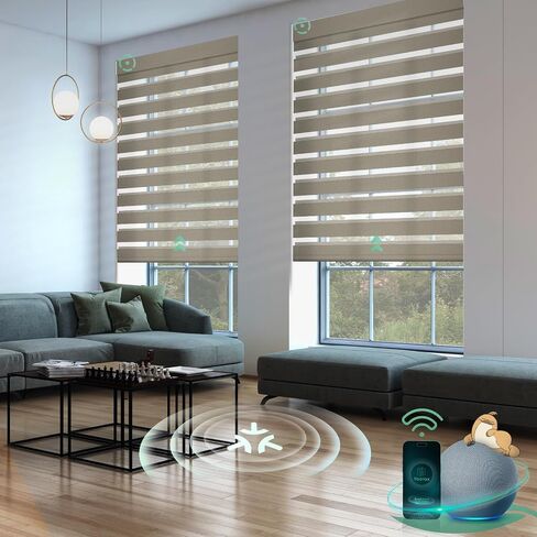 Yoolax Motorized Matter Zebra Blinds Compatible with Alexa, Google Home, Apple HomeKit, Blackout Smart Blinds, Privacy Light Control Horizontal Window Blind for Home (100% Blackout Striped Ivory) in Saudi Arabia