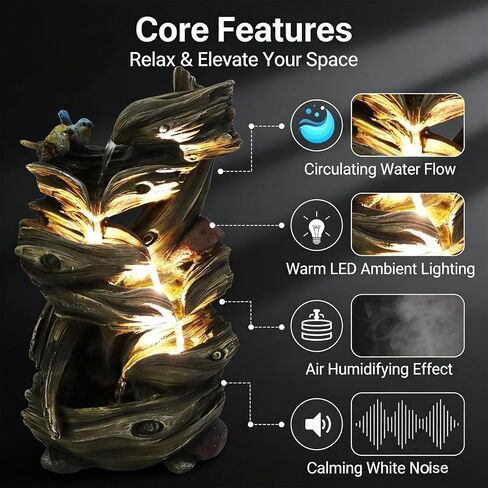 Resin Rustic Driftwood Waterfall Fountain, 18.5-Inch Graden/Indoor Water Feature with LED Lights Tabletop Water Fountain Nature-Inspired Home/Office Relaxation Decor (Brown 28032) in Saudi Arabia