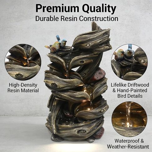 Resin Rustic Driftwood Waterfall Fountain, 18.5-Inch Graden/Indoor Water Feature with LED Lights Tabletop Water Fountain Nature-Inspired Home/Office Relaxation Decor (Brown 28032) in Saudi Arabia