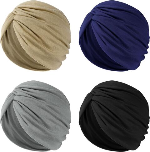 4 Pcs Turbans for Women Stretchy Pre Tied Knot Pleated Head Wraps Sleep Hats Cancer Headwear Beanie Chemo Head Wrap in Black, Khaki, Navy Blue, Gray in Kuwait