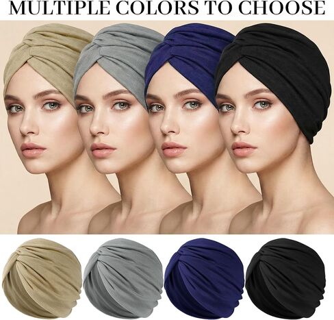 4 Pcs Turbans for Women Stretchy Pre Tied Knot Pleated Head Wraps Sleep Hats Cancer Headwear Beanie Chemo Head Wrap in Black, Khaki, Navy Blue, Gray in Kuwait