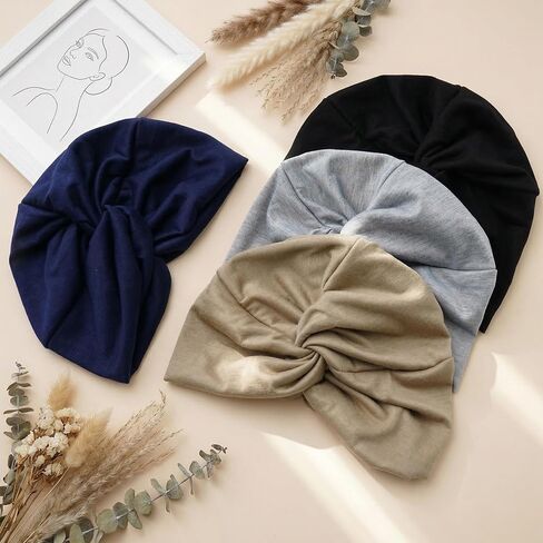 4 Pcs Turbans for Women Stretchy Pre Tied Knot Pleated Head Wraps Sleep Hats Cancer Headwear Beanie Chemo Head Wrap in Black, Khaki, Navy Blue, Gray in Kuwait