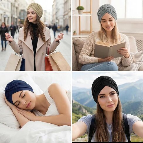 4 Pcs Turbans for Women Stretchy Pre Tied Knot Pleated Head Wraps Sleep Hats Cancer Headwear Beanie Chemo Head Wrap in Black, Khaki, Navy Blue, Gray in Kuwait
