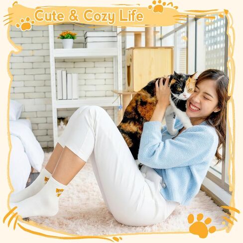 6 Pairs Cute Cat Socks with Balls, Women's 3D Cat Cotton Crew Socks, Novelty Funny Animal Sock for Women Cats Lovers Gift in Saudi Arabia
