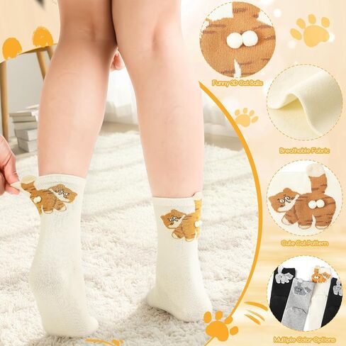 6 Pairs Cute Cat Socks with Balls, Women's 3D Cat Cotton Crew Socks, Novelty Funny Animal Sock for Women Cats Lovers Gift in Saudi Arabia