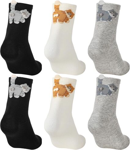 6 Pairs Cute Cat Socks with Balls, Women's 3D Cat Cotton Crew Socks, Novelty Funny Animal Sock for Women Cats Lovers Gift in Saudi Arabia