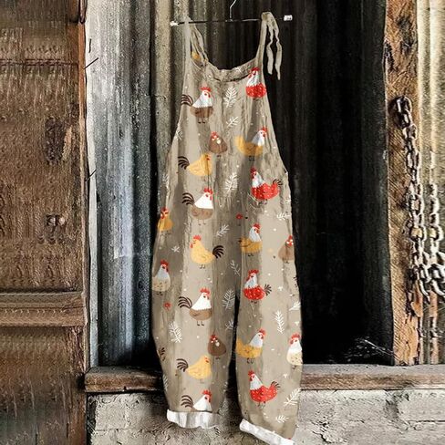 Women's Jumpsuits Summer Rompers & Overalls 2025 Chicken Print Casual Sleeveless Comfy Loose Bib Overalls(chickH,x_l) in Saudi Arabia