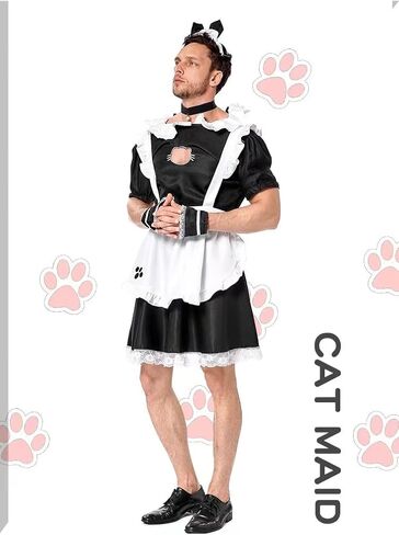 Male Maid Uniforms,Anime French Cat Maid Apron Fancy Dress Cosplay Costume Headwear Collar Cuffs Set in Saudi Arabia