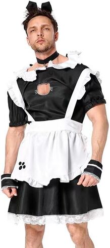 Male Maid Uniforms,Anime French Cat Maid Apron Fancy Dress Cosplay Costume Headwear Collar Cuffs Set in Saudi Arabia