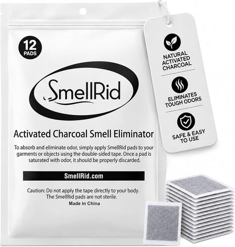 SMELLRID Activated Charcoal Odor Absorber Pads – 12 Unscented Adhesive (4"x4") Charcoal Pads for Body Odor, Flatulence & Personal Care Environments – 100% Coconut Shell Carbon in Saudi Arabia