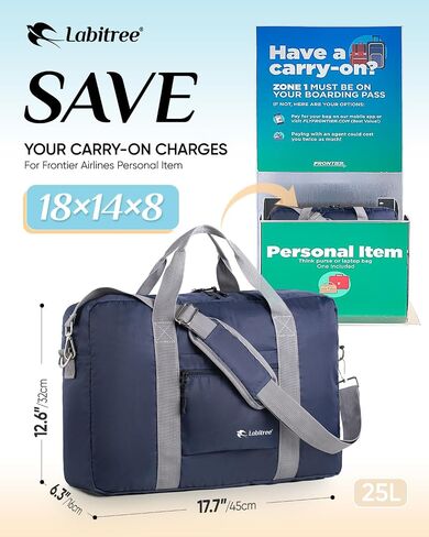 For Frontier Airlines Personal Item Travel Bag 18 x 14 x 8 Inches, Foldable Under Seat Duffel Bags for Spirit Airplane 14 x 18 x 8 Inches, Minimalist Overnight Bag for Women or Men Air Travel [Blue] in Saudi Arabia