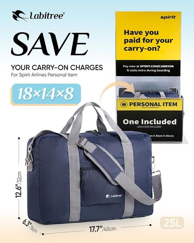 For Frontier Airlines Personal Item Travel Bag 18 x 14 x 8 Inches, Foldable Under Seat Duffel Bags for Spirit Airplane 14 x 18 x 8 Inches, Minimalist Overnight Bag for Women or Men Air Travel [Blue] in Saudi Arabia