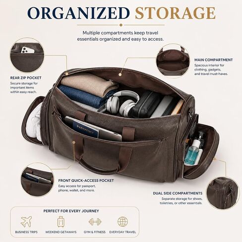 Leather Duffel Bag for Men, Travel Duffel Bag Carry On Overnight Bag with Shoe Compartments and Multiple Pockets, Large Capacity Gym Travel Bag in Saudi Arabia