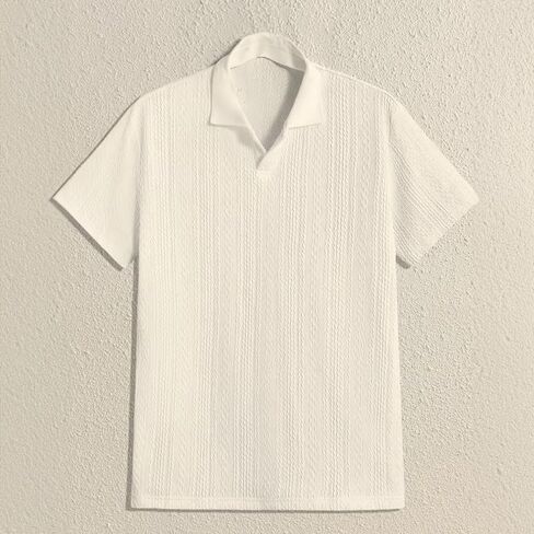 Men's Solid Color Polo Shirt – Loose-Fitting Textured Knit Polo, Retro Collared T-Shirt in Kuwait