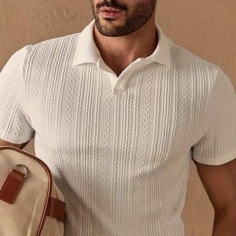 Men's Solid Color Polo Shirt – Loose-Fitting Textured Knit Polo, Retro Collared T-Shirt in Kuwait