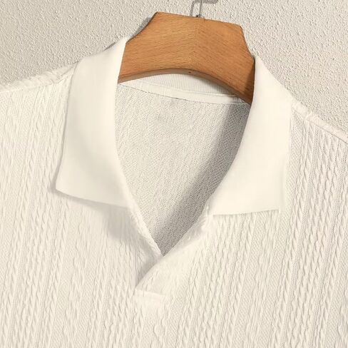 Men's Solid Color Polo Shirt – Loose-Fitting Textured Knit Polo, Retro Collared T-Shirt in Kuwait